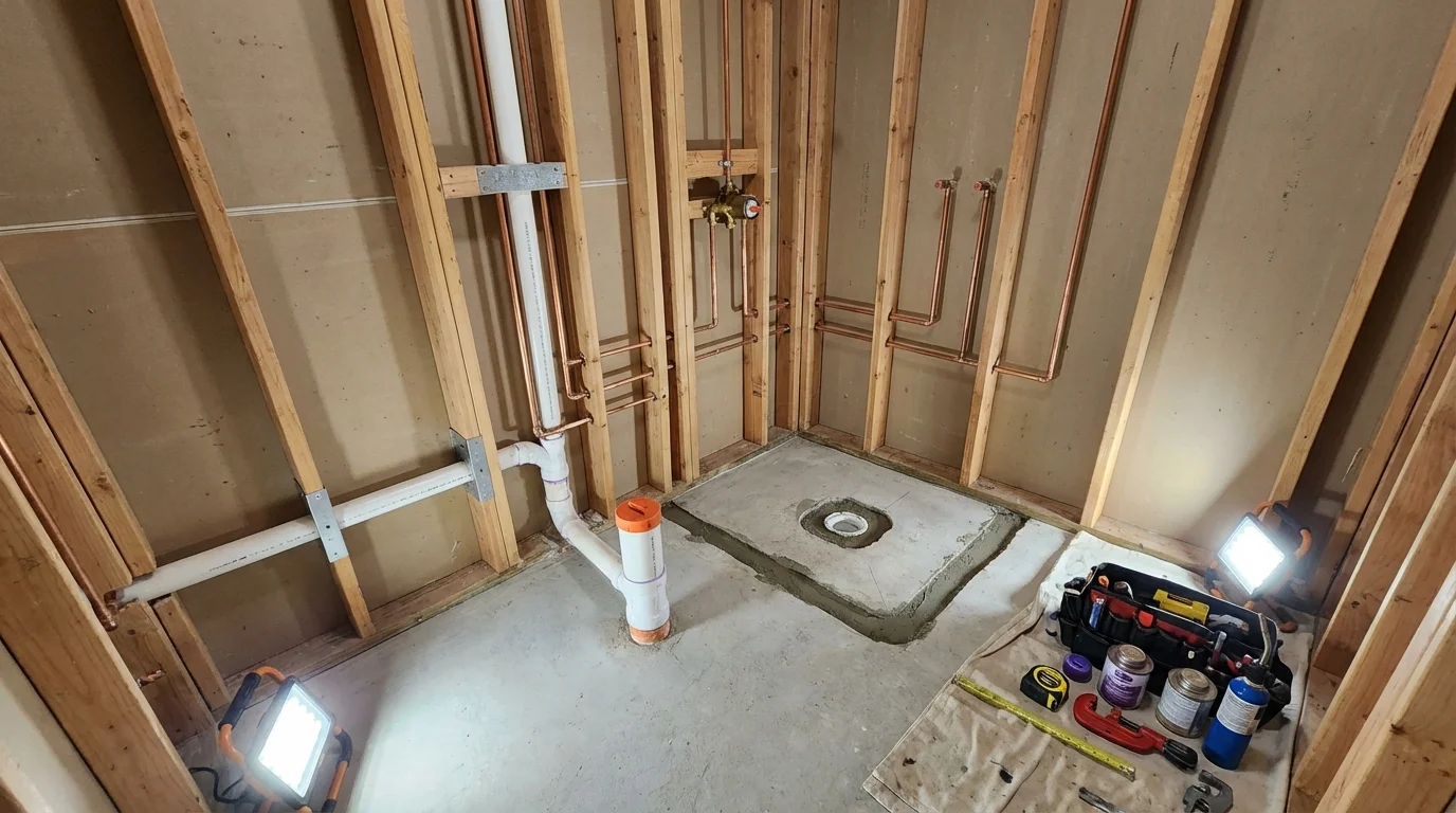 Bathroom rough-in plumbing during remodel by Johns Plumbing LLC in Davisboro