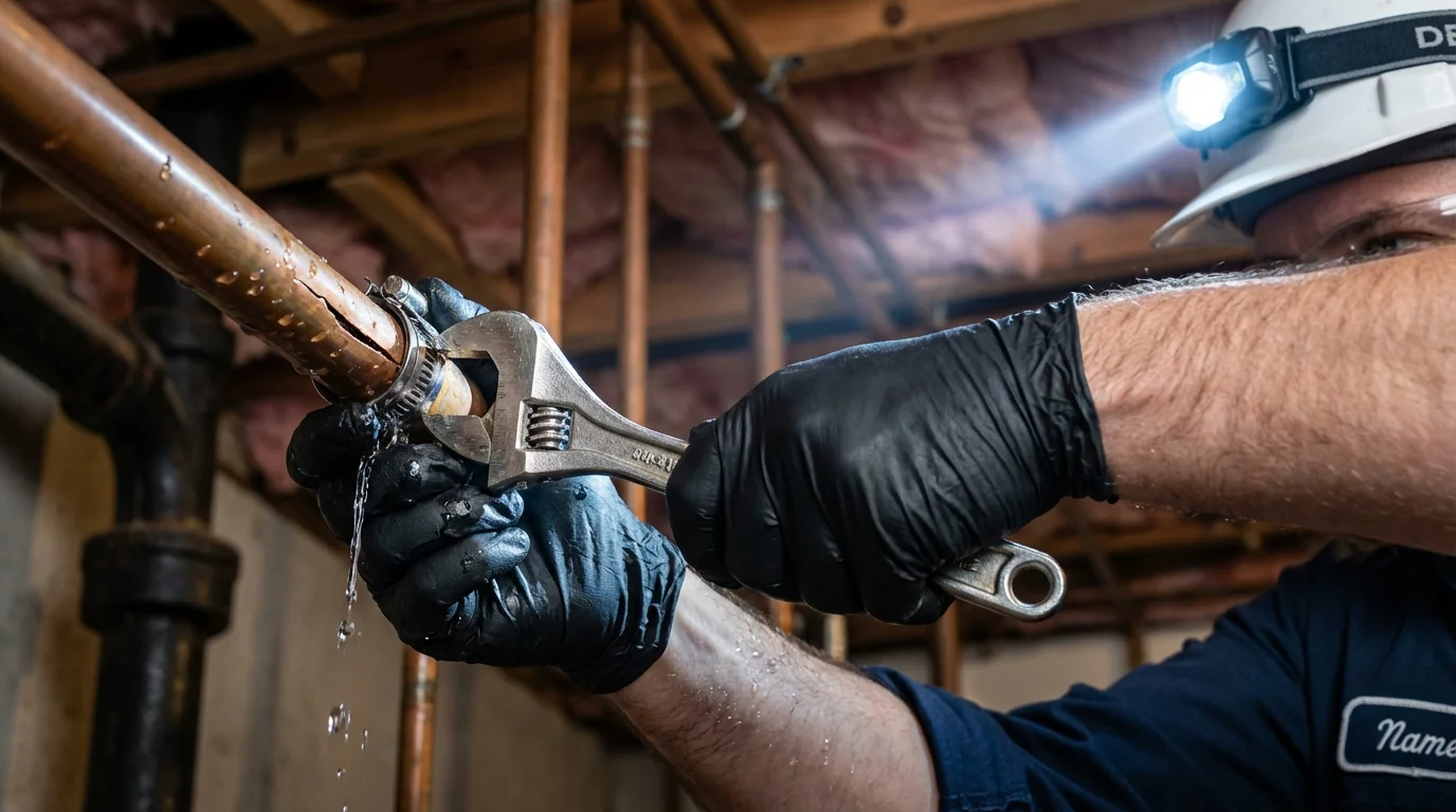 Emergency pipe clamp repair being performed by a Johns Plumbing LLC plumber in Davisboro