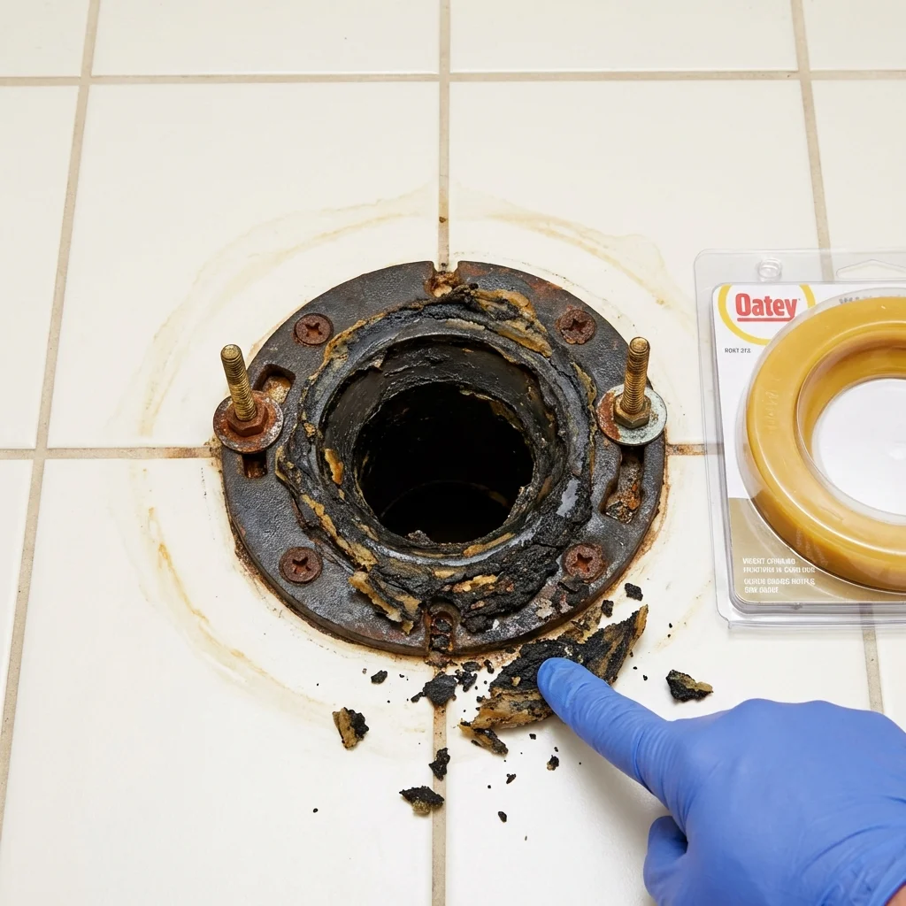 Failed wax ring showing water seepage at the base of a toilet in a Davisboro, GA home